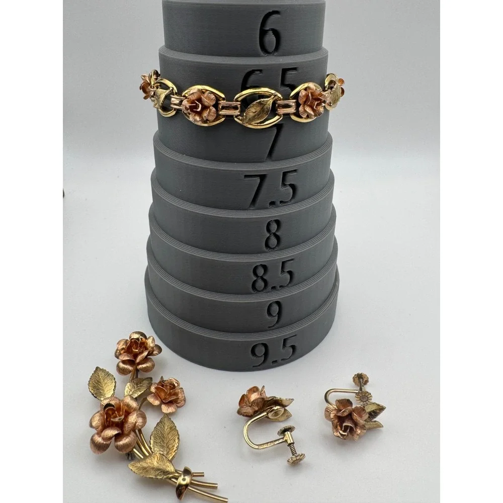Vintage Krementz Bracelet Brooch Earrings Set Two Tone Rose